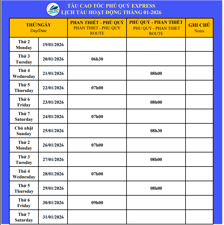 Lịch tàu Phú Quý Express Phan Thiết - Phú Quý 1/2026